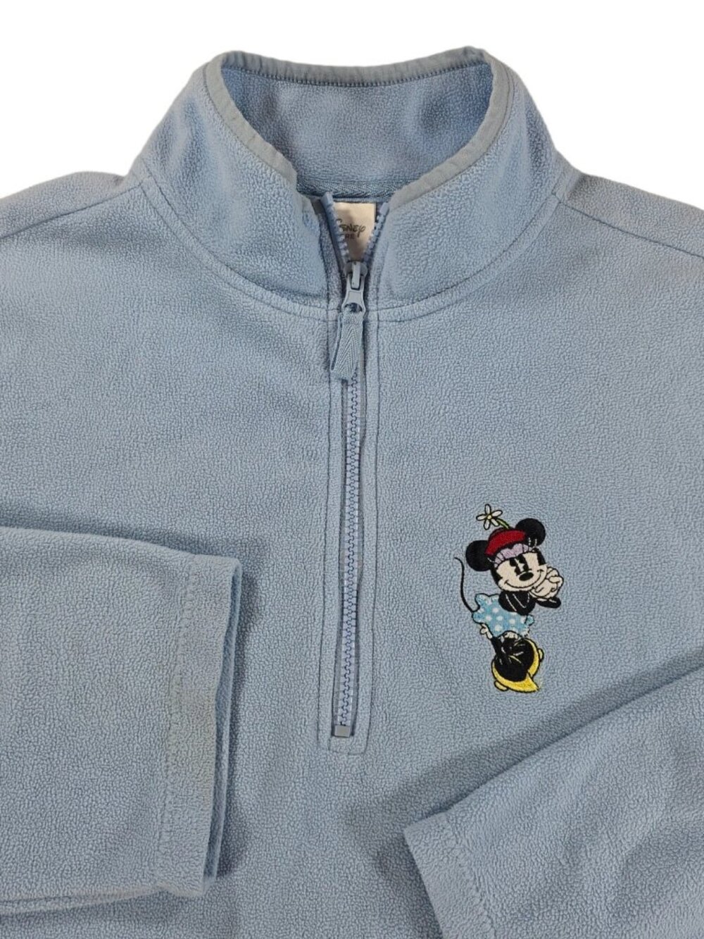 Disney Minnie Mouse 1/2 Zip Pullover Womens L Blue Fleece Embroidered Mock Neck
